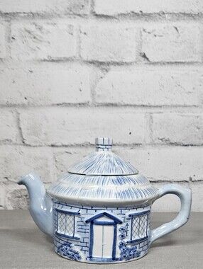 Blue White Cottage House Teapot Ceramic Decorative Tea Pot Handcrafted